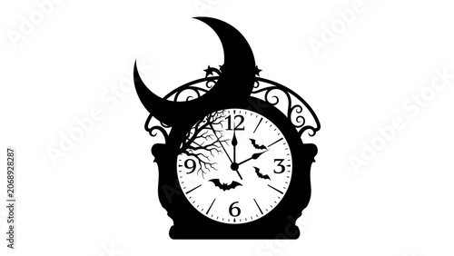 Canvas-taulu Halloween Clock with Crescent Moon and Bats: A spooky silhouette of a vintage clock features a crescent moon and silhouetted bats, evoking a sense of eerie enchantment and the witching hour
