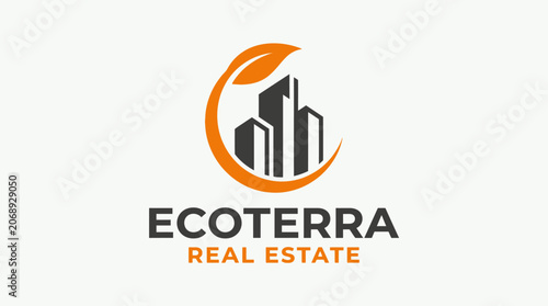 Modern architectural skyline integrated with a vibrant orange leaf, symbolizing sustainable urban development and environmentally conscious real estate solutions and growth