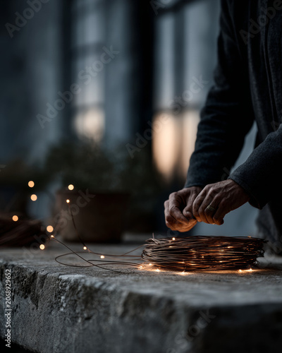 Close up of hands wrapping warm micro LED string lights around a coil of brown copper wire on a concrete stone ledge.