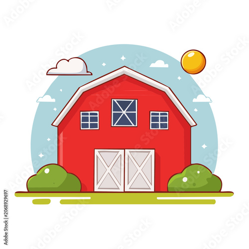 Red barn with farm elements in flat illustration style