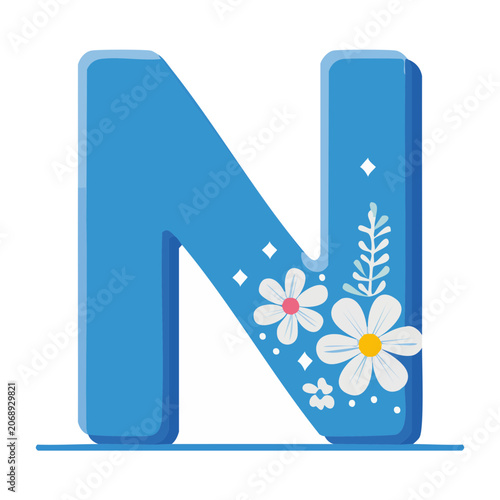 Blue Letter N with Flowers and Leaves