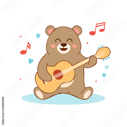 Cartoon bear playing guitar with music notes