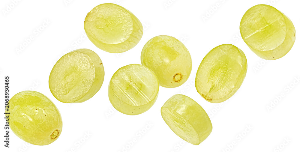 Fototapeta premium Falling green grape slices isolated on white background