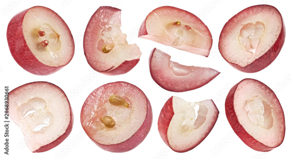 Fototapeta premium Red grape slices isolated on white background with clipping path