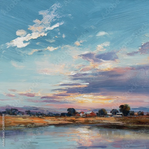 Serene Landscape Painting - Sky, Water, and Distant Horizon.