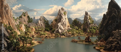 Serene Mountain Landscape with Lake and Dramatic Rock Formations.