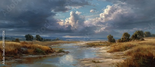 Serene River Landscape Painting with Dramatic Cloudy Sky.