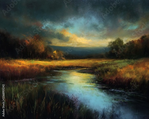 Serene River Landscape Painting with Dramatic Sky and Golden Fields.
