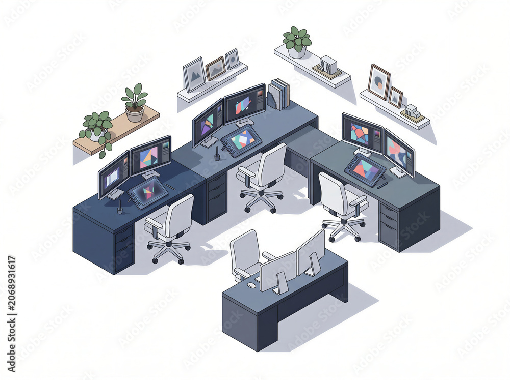 Fototapeta premium Isometric creative studio workspace with desks and computers