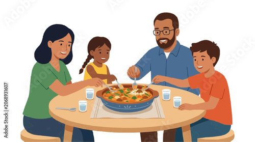 2d FLAT MINIMALISM Family enjoys a communal meal together at a round table, sharing food from a large dish PNG Isolated on transparent background vector