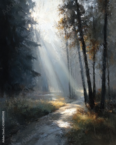 Sunlit Forest Path - A Serene Journey Through Natures Embrace.