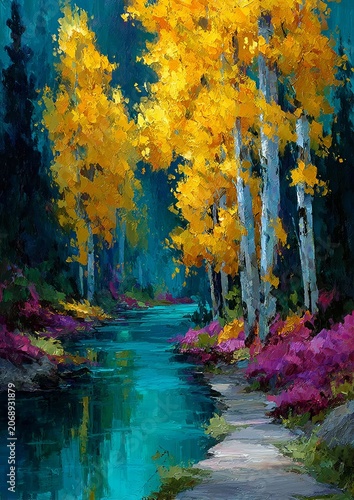 Vibrant Autumn River Scene - A Colorful Impressionistic Landscape Painting.