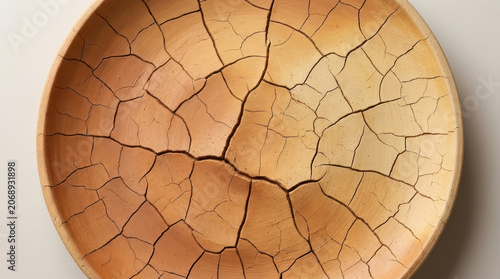 Cracked ceramic plate dry earth texture, beige clay dish with fracture pattern, drought concept, top view abstract background