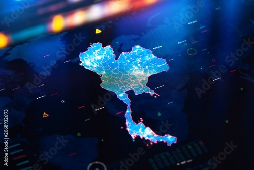 Digital map glows with vibrant data streams. Thailand's shape pulses in electric blue hues. Global networks trace connections across continents. Advanced analytics suggest intelligent surveillance