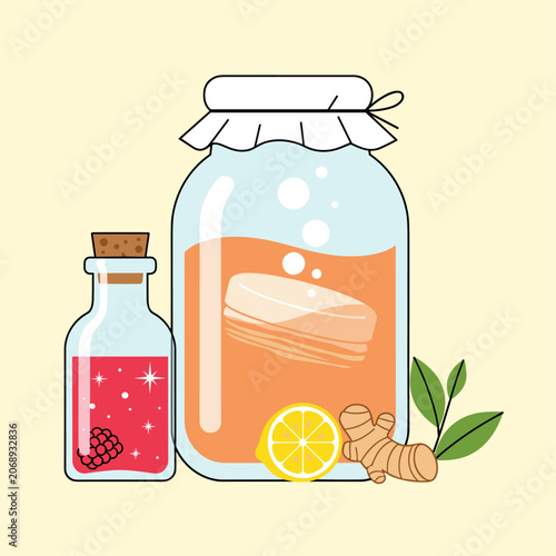Vászonkép Homebrew Kombucha Jar and Ingredients Flat Vector Illustration