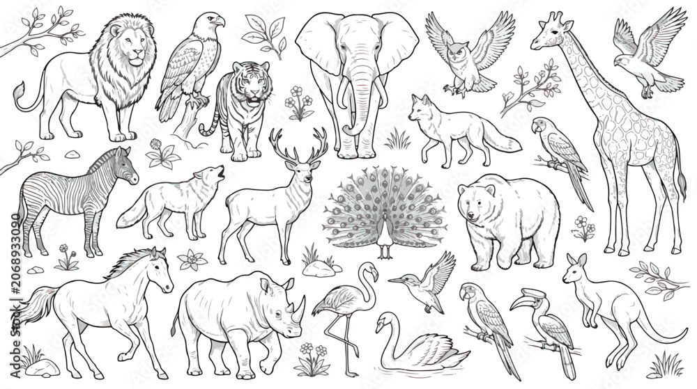 Fototapeta premium Hand drawn wild animals collection, black and white line art zoo animal vector set, safari and forest wildlife illustrations for coloring book