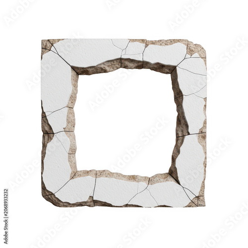 Square frame made of broken concrete wall with rough texture and cracks for artistic design use isolated on transparent background