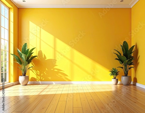 Sunlit empty room with yellow walls, wooden floor, and potted plants