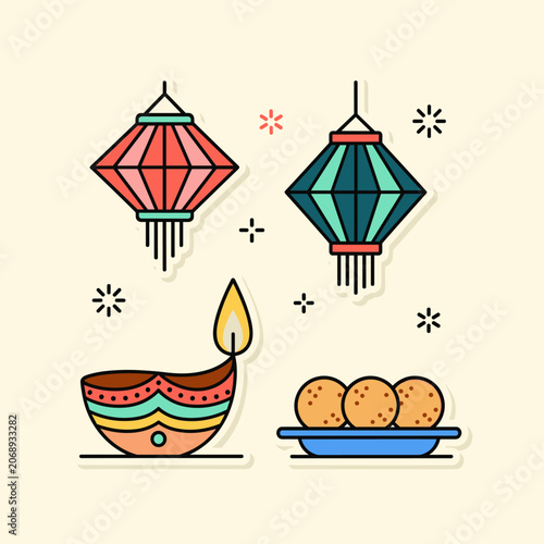 Flat Vector Diwali Festival Celebration Icon Set