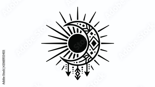 Tableau sur toile Bohemian celestial sun and moon vector, mystical occult sunburst with crescent m