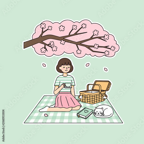 Flat Vector Cherry Blossom Hanami Picnic Scene