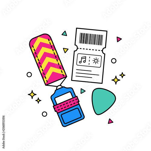 Flat Vector Illustration of Music Festival Memorabilia Flat Lay