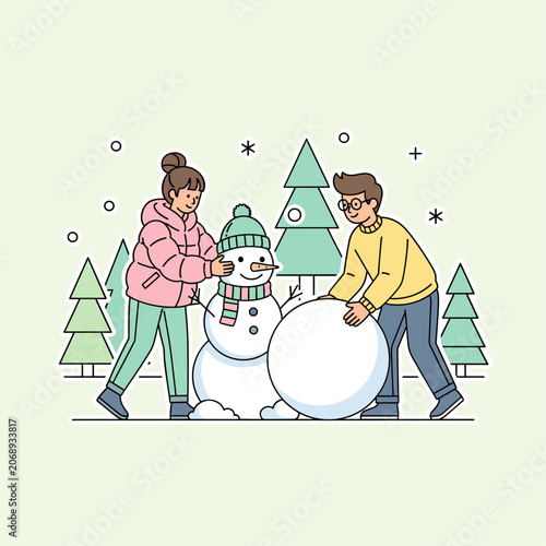 Pastel Winter Snowman Building Vector Scene