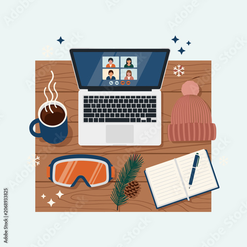Apres Ski Digital Nomad Workspace Flat Vector Illustration