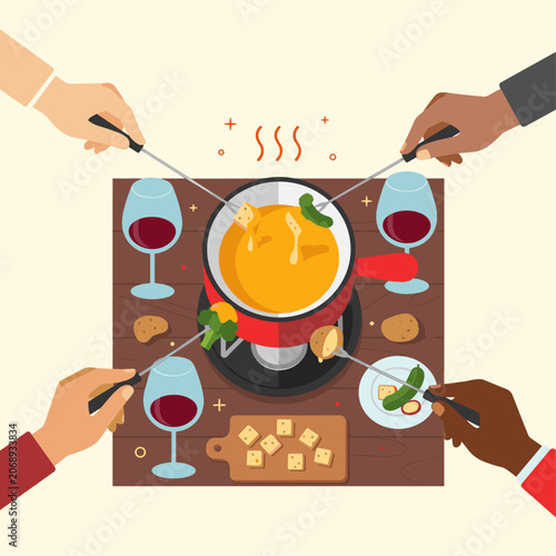Cozy Cheese Fondue Social Dinner Flat Vector Illustration