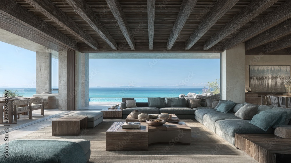 Fototapeta premium Luxurious open-plan living space seamlessly connects to a stunning oceanfront panorama