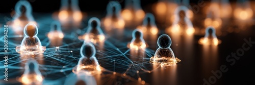 Illustration shows abstract network of profile nodes with varying sizes in dark background showcasing social media interactions and connections