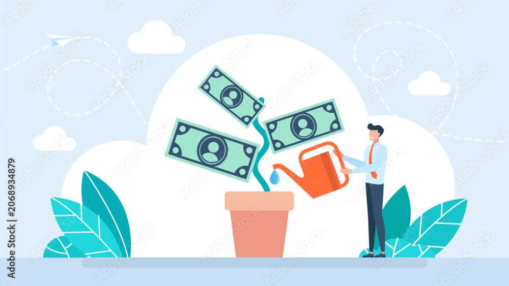 Fototapeta premium Money tree growing inside a ceramic flowerpot with green dollar banknotes instead of foliage, representing investment profit, financial savings and wealth cultivation. Vector illustration.