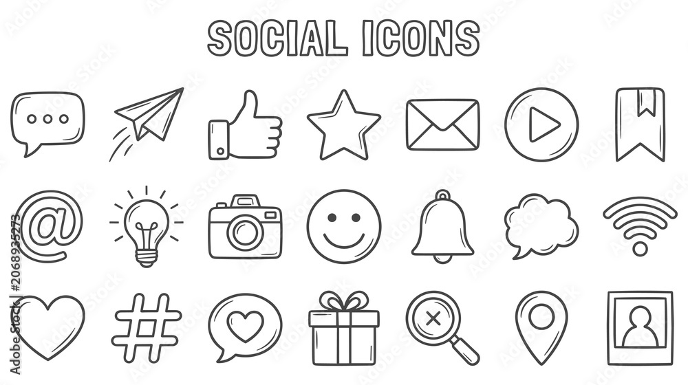 Fototapeta premium Social icons set minimalist hand drawn interface symbols.