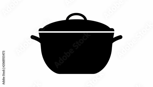 Quadro su tela Black cooking pot, kitchen utensil, cookware icon, vector pot, lid, handles, cul