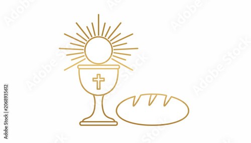 Canvastavla Eucharist, Holy Communion, Christian Symbol, Gold Line Art, Chalice and Bread Il