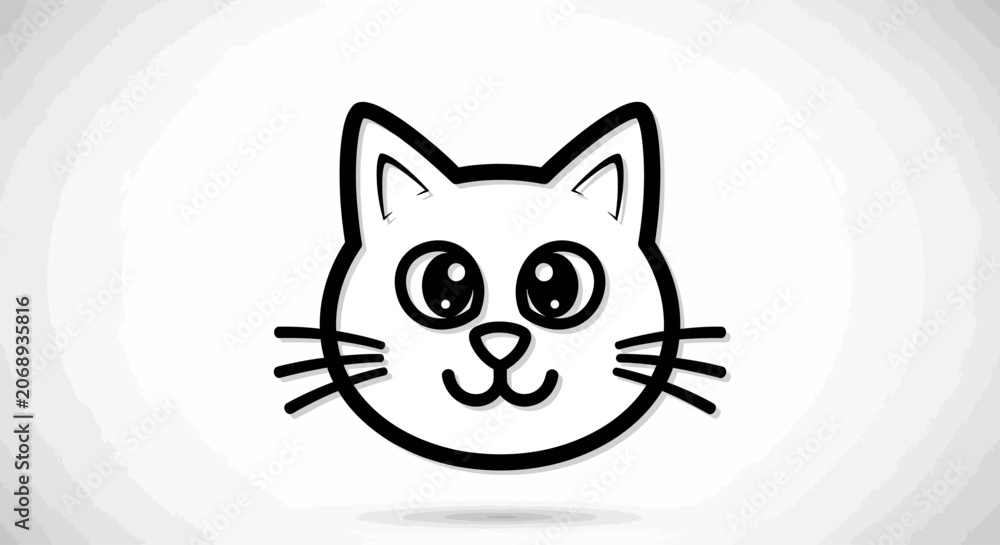 Obraz premium Cartoon cat face, black line art, smiling feline, vector illustration, cute animal design