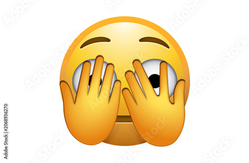 Canvastavla Peeking face emoji covering eyes with hands and looking through fingers on white