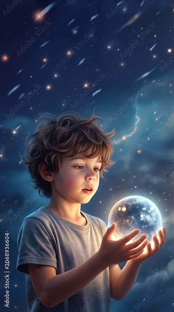 Naklejka premium Child holding glowing crystal ball under starry night sky. Young boy gazing at illuminated sphere with shooting stars and cosmic background.