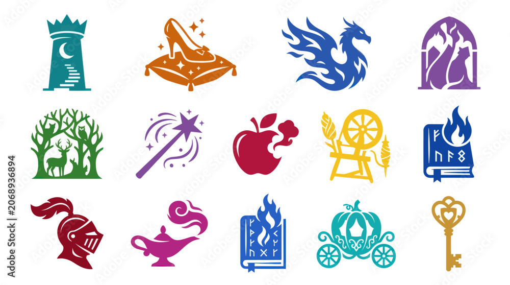 Fototapeta premium Fairy Tale Icons: Castle, Shoe, Dragon, Forest, Magic, Apple, Book