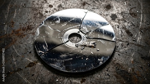 Cyber, Destroyed, Destroyed Computer Hard Drive Platter on Grungy Metal Surface. a scratched and shattered metallic storage disk 