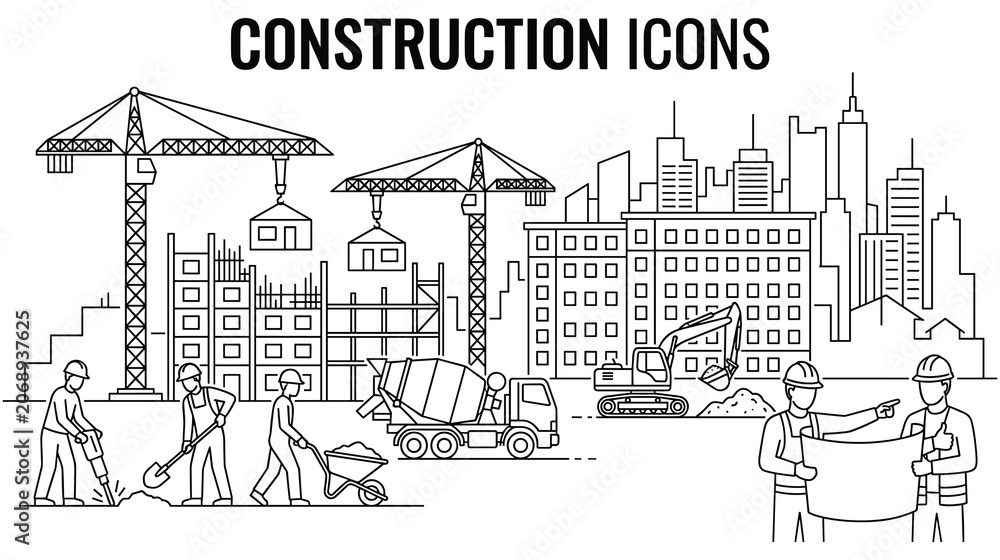 Obraz premium Construction site scene with workers cranes and trucks.