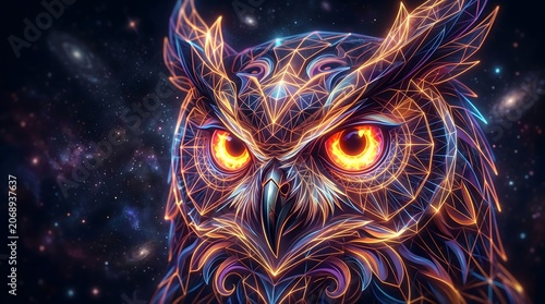 Owl, Mystical. Digital illustration of the face of a mystical owl with incredible shapes