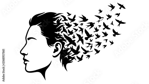 Woman Face Profile with Birds Flying from Hair Black Silhouette Vector Art Design
