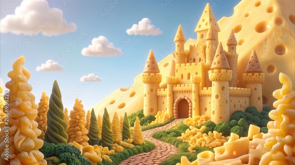 Naklejka premium Surreal castle made of cheese standing in a fantasy food landscape. Whimsical world featuring pasta trees and broccoli bushes under a blue sky.