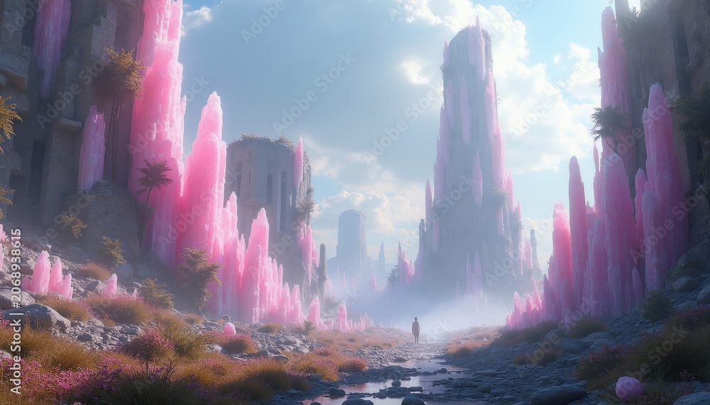 Fototapeta premium Post apocalyptic landscape with pink crystal formations and overgrown ruins. A lone person walks a rocky path near a stream. Ethereal fog and sky.