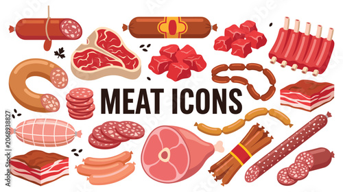 Obraz na plátně Various meat product icons for butcher shop advertising.