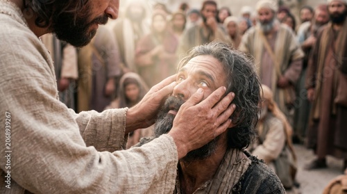 Jesus healing a blind man by touching his eyes in a crowd. Biblical miracle representing faith, divine compassion, and spiritual restoration. Historical religious scene for church theme.