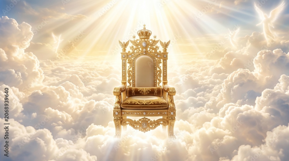 Obraz premium Golden throne floating in bright clouds. Majestic seat of power in heaven surrounded by shining light and angelic figures. Symbolic representation of divine authority and kingdom.