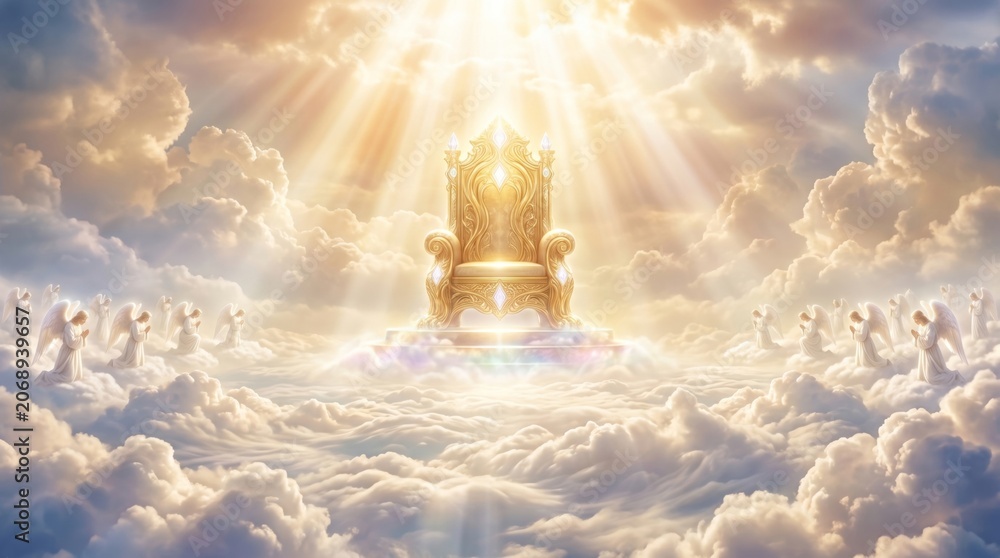 Obraz premium Golden throne floating in clouds with praying angels. Divine seat of power in heaven surrounded by light rays. Religious concept of majesty and glory for spiritual worship theme.