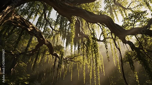 Sun rays through green forest canopy with hanging vines.